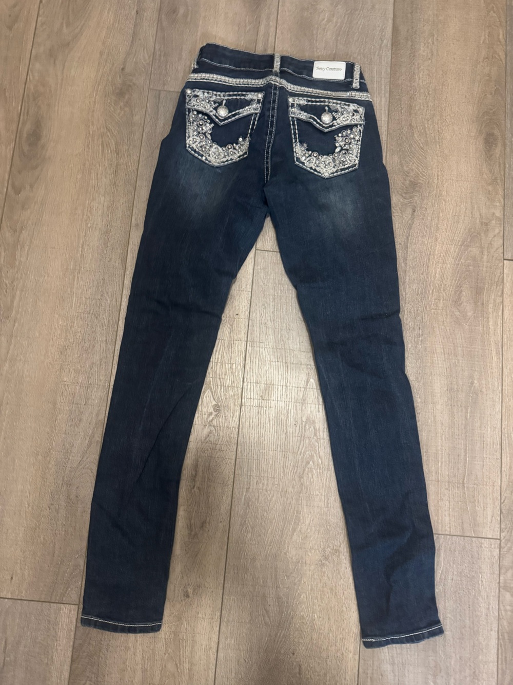 Sexy couture Skinny Dark Blue Women's Jeans with Rhinestone Embellished Pockets